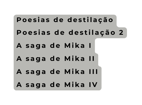 Poesias de destilação Poesias de destilação 2 A saga de Mika I A saga de Mika II A saga de Mika III A saga de Mika IV